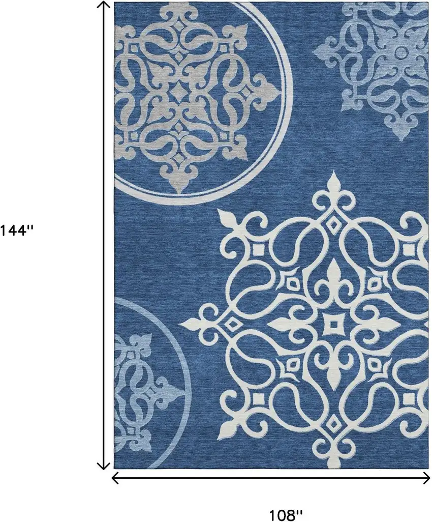 Navy Blue Ivory And Gray Floral Medallion Washable Area Rug With UV Protection Photo 9