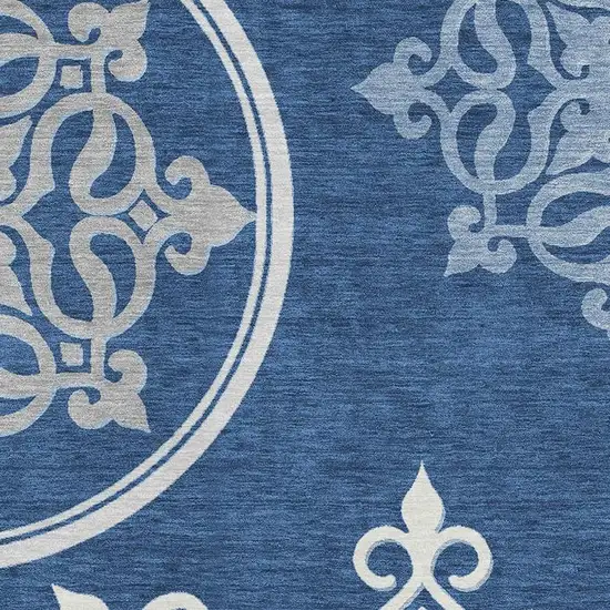 Navy Blue Ivory And Gray Floral Medallion Washable Area Rug With UV Protection Photo 3