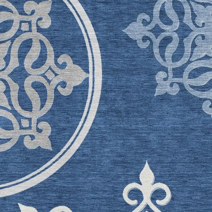 Navy Blue Ivory And Gray Floral Medallion Washable Area Rug With UV Protection Photo 3