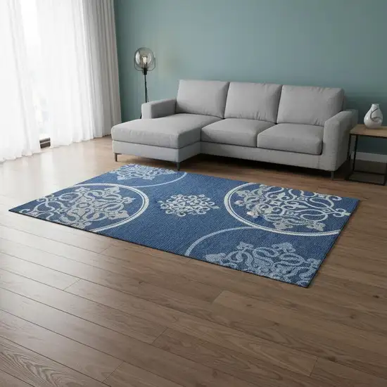 Navy Blue Ivory And Gray Floral Medallion Washable Area Rug With UV Protection Photo 2