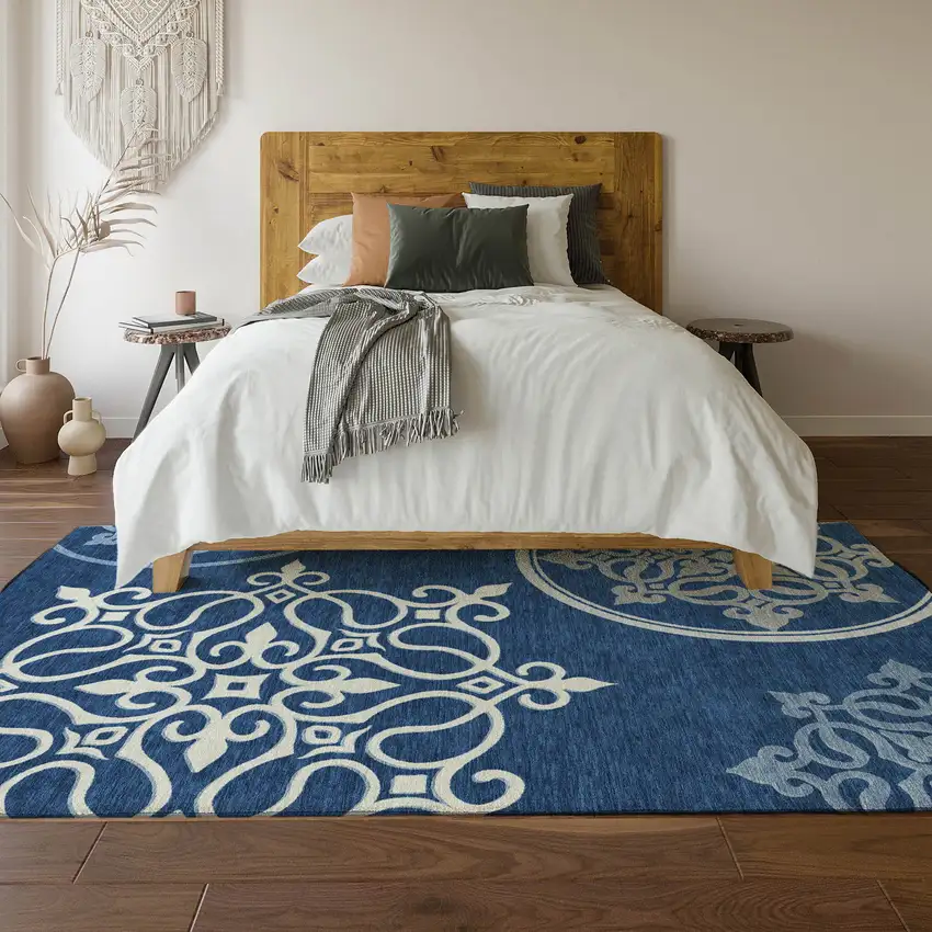 Navy Blue Ivory And Gray Floral Medallion Washable Area Rug With UV Protection Photo 5