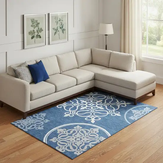 Navy Blue Ivory And Gray Floral Medallion Washable Area Rug With UV Protection Photo 1