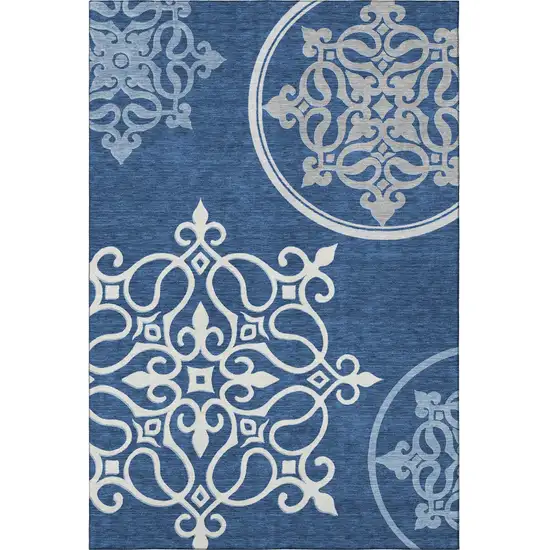 Navy Blue Ivory And Gray Floral Medallion Washable Area Rug With UV Protection Photo 3