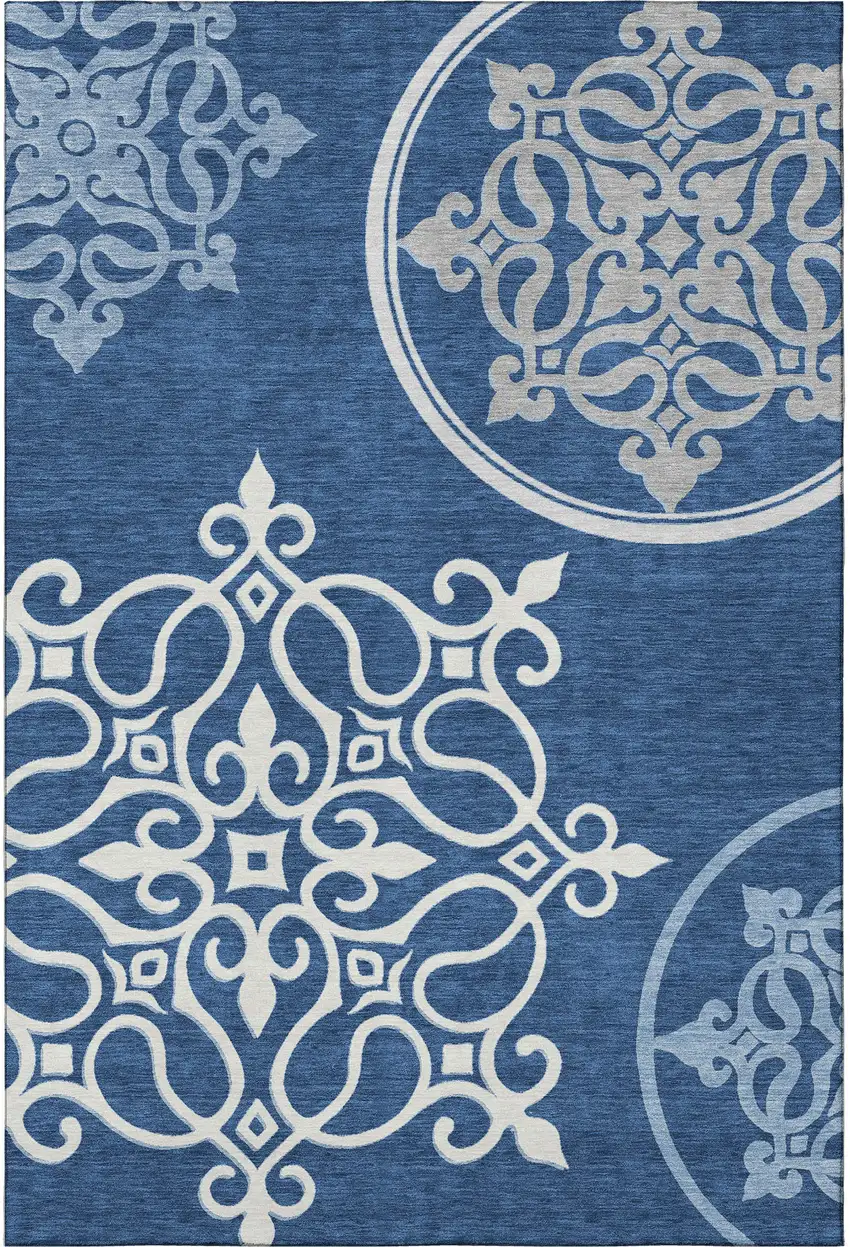 Navy Blue Ivory And Gray Floral Medallion Washable Area Rug With UV Protection Photo 3