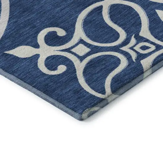 Navy Blue Ivory And Gray Floral Medallion Washable Area Rug With UV Protection Photo 7