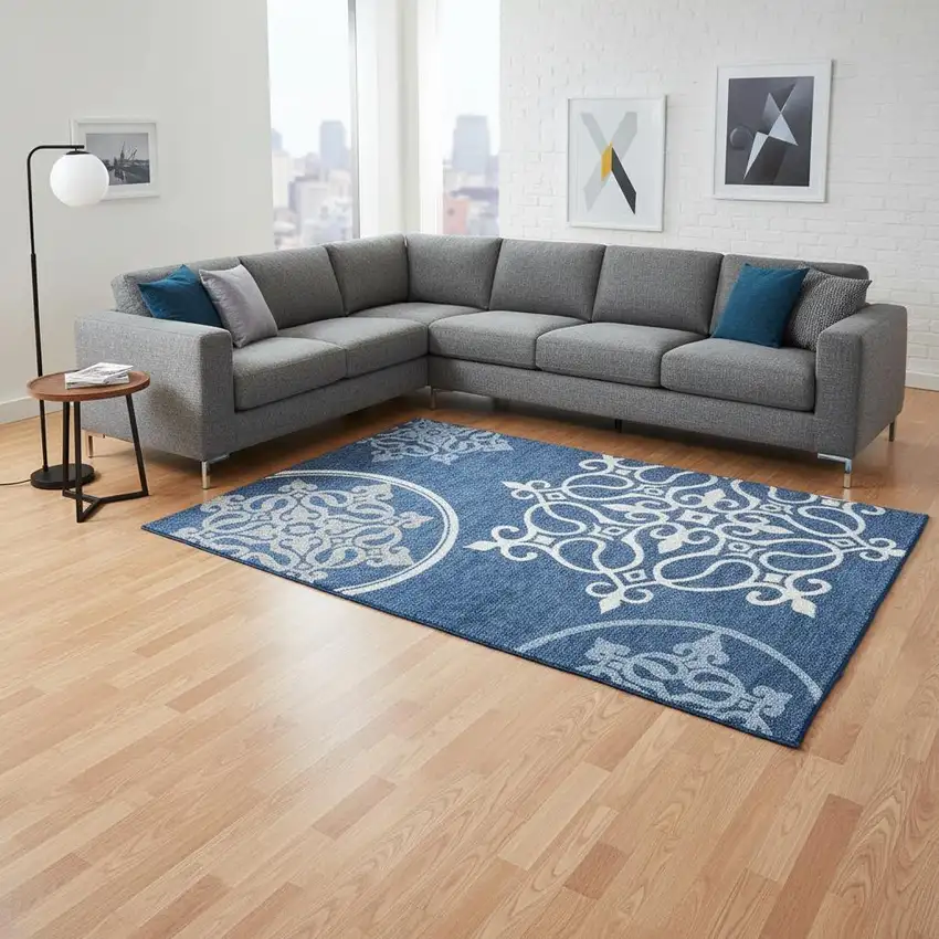 Navy Blue Ivory And Gray Floral Medallion Washable Area Rug With UV Protection Photo 2