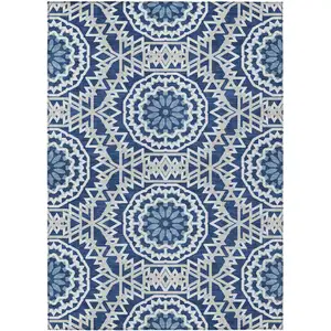 Photo of Navy Blue Ivory And Gray Floral Medallion Washable Indoor Outdoor Area Rug