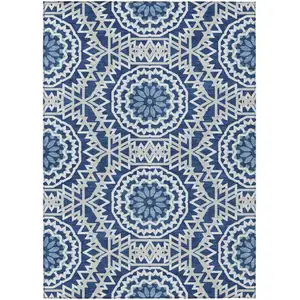Photo of Navy Blue Ivory And Gray Floral Medallion Washable Indoor Outdoor Area Rug