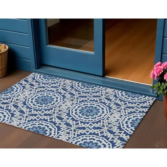 Navy Blue Ivory And Gray Floral Medallion Washable Indoor Outdoor Area Rug Photo 1