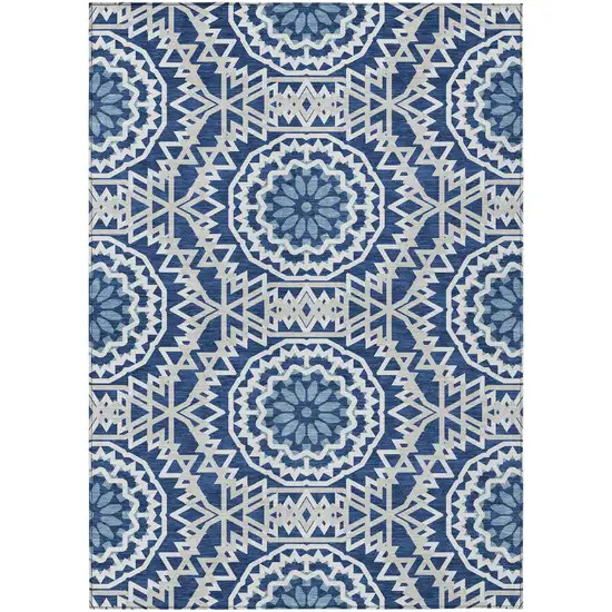 Navy Blue Ivory And Gray Floral Medallion Washable Indoor Outdoor Area Rug Photo 2
