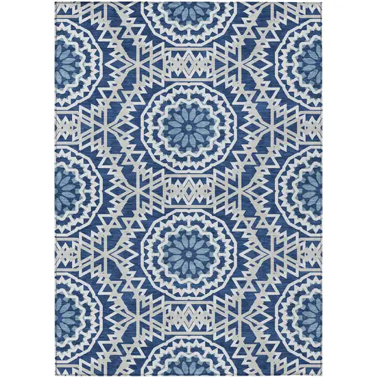 Navy Blue Ivory And Gray Floral Medallion Washable Indoor Outdoor Area Rug Photo 2