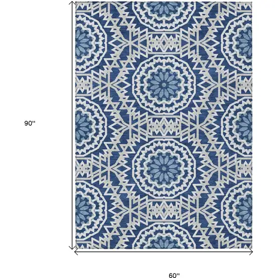 Navy Blue Ivory And Gray Floral Medallion Washable Indoor Outdoor Area Rug Photo 3