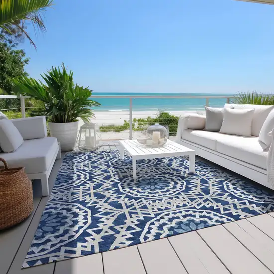 Navy Blue Ivory And Gray Floral Medallion Washable Indoor Outdoor Area Rug Photo 6