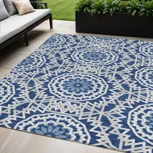 Photo of Navy Blue Ivory And Gray Floral Medallion Washable Indoor Outdoor Area Rug