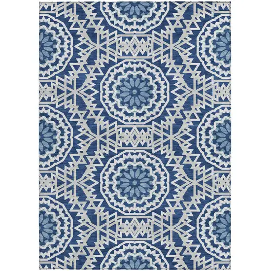 Navy Blue Ivory And Gray Floral Medallion Washable Indoor Outdoor Area Rug Photo 5