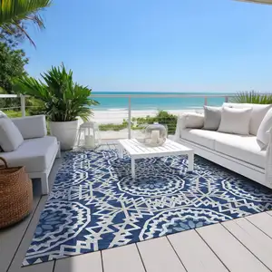 Photo of Navy Blue Ivory And Gray Floral Medallion Washable Indoor Outdoor Area Rug