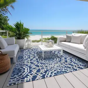 Photo of Navy Blue Ivory And Gray Floral Medallion Washable Indoor Outdoor Area Rug