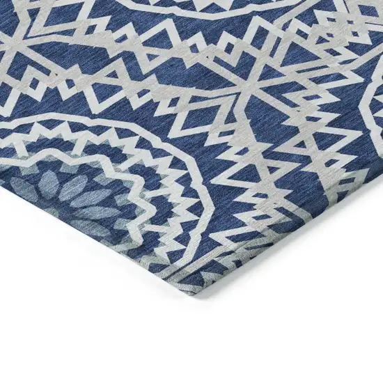 Navy Blue Ivory And Gray Floral Medallion Washable Indoor Outdoor Area Rug Photo 4