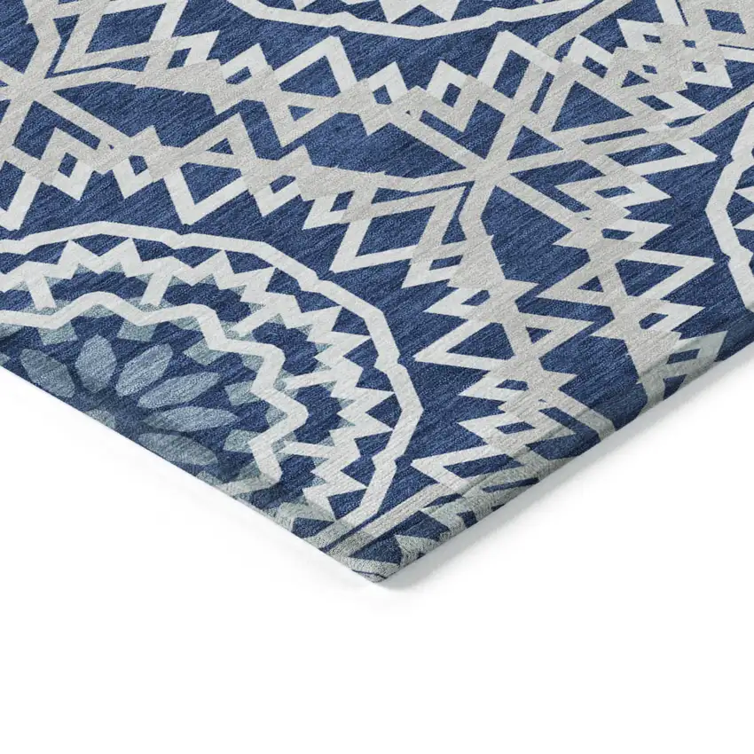 Navy Blue Ivory And Gray Floral Medallion Washable Indoor Outdoor Area Rug Photo 4