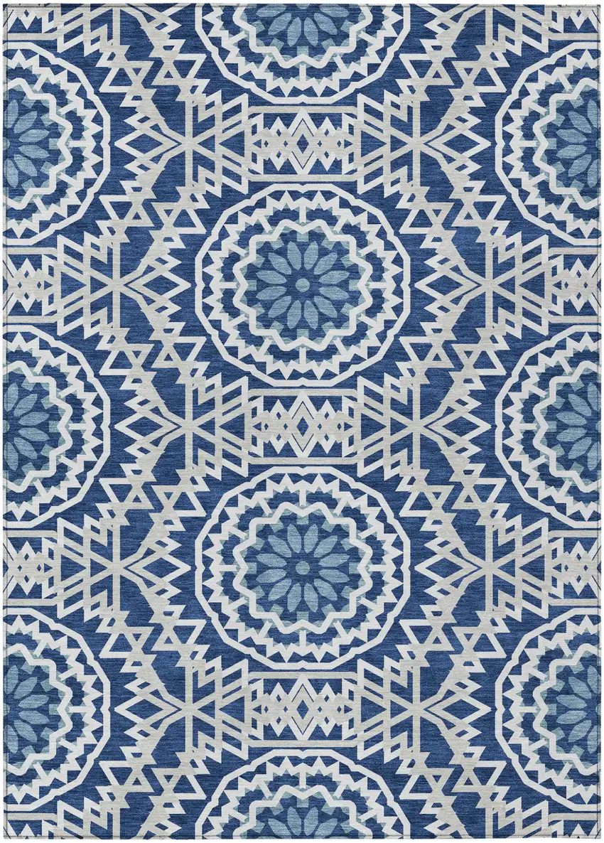 Navy Blue Ivory And Gray Floral Medallion Washable Indoor Outdoor Area Rug Photo 2