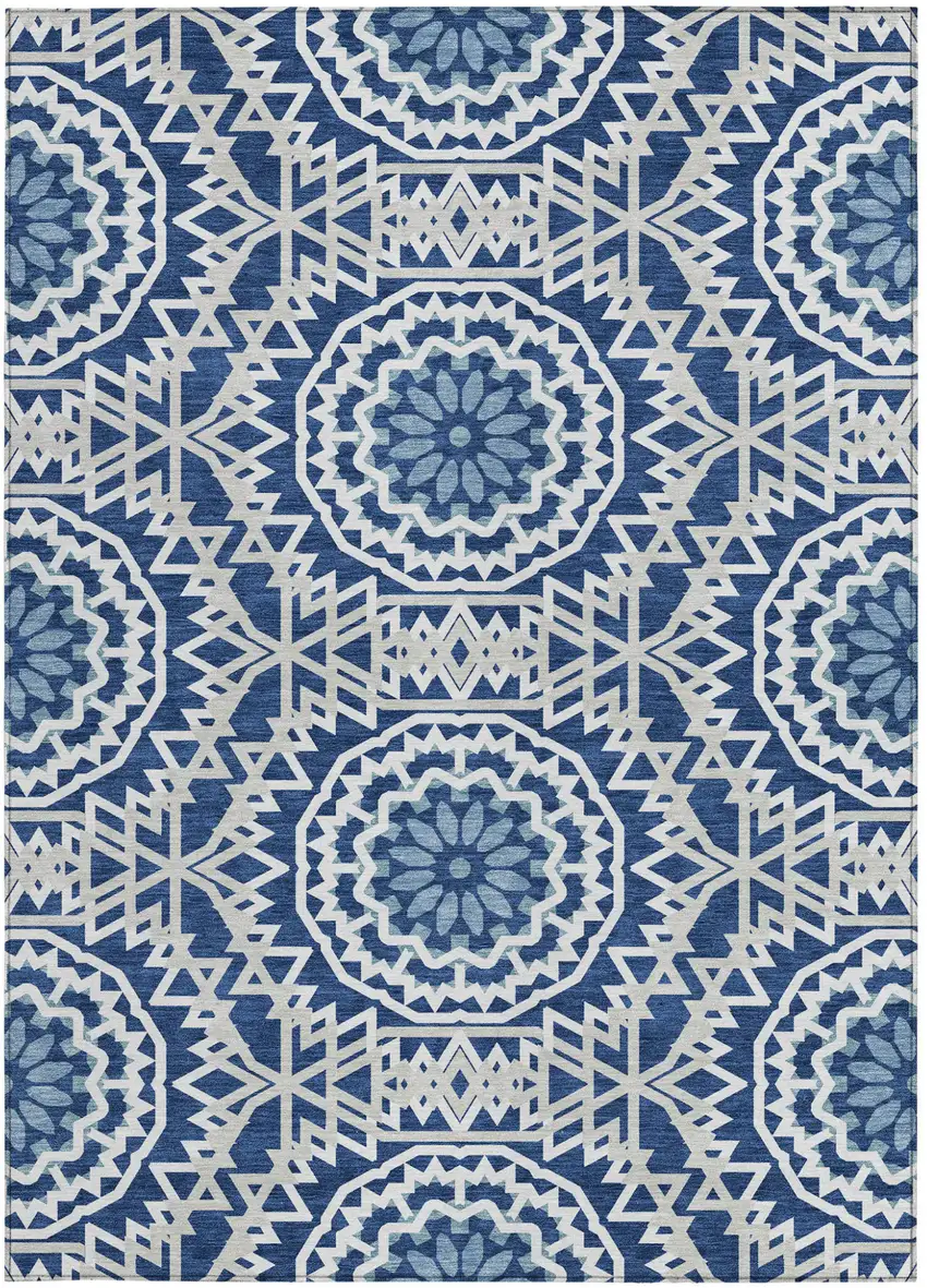 Navy Blue Ivory And Gray Floral Medallion Washable Indoor Outdoor Area Rug Photo 5