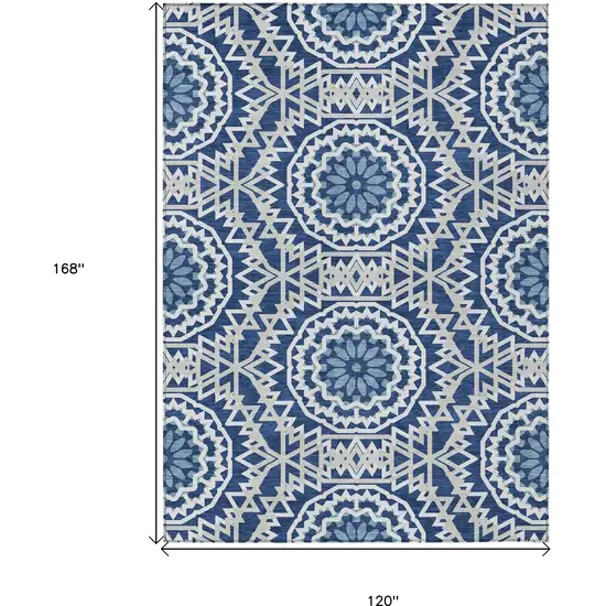 Navy Blue Ivory And Gray Floral Medallion Washable Indoor Outdoor Area Rug Photo 3