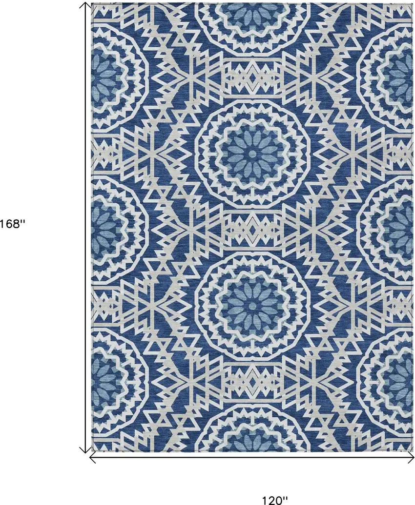 Navy Blue Ivory And Gray Floral Medallion Washable Indoor Outdoor Area Rug Photo 3