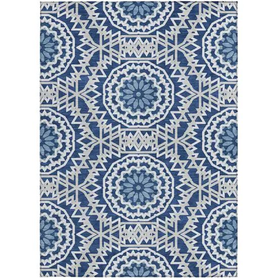 Navy Blue Ivory And Gray Floral Medallion Washable Indoor Outdoor Area Rug Photo 5