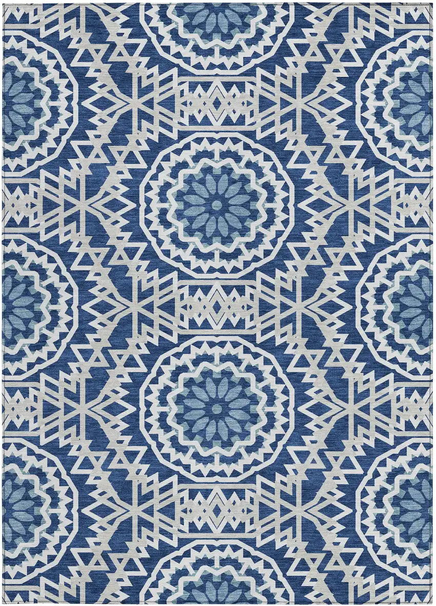 Navy Blue Ivory And Gray Floral Medallion Washable Indoor Outdoor Area Rug Photo 5