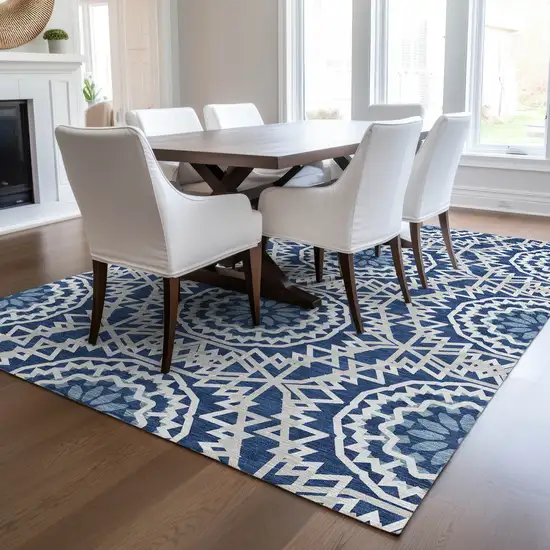 Navy Blue Ivory And Gray Floral Medallion Washable Indoor Outdoor Area Rug Photo 7