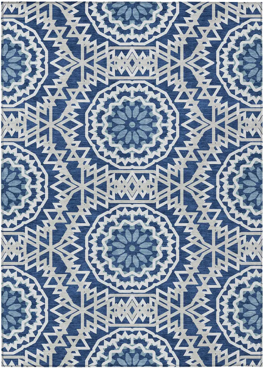 Navy Blue Ivory And Gray Floral Medallion Washable Indoor Outdoor Area Rug Photo 2