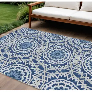 Photo of Navy Blue Ivory And Gray Floral Medallion Washable Indoor Outdoor Area Rug