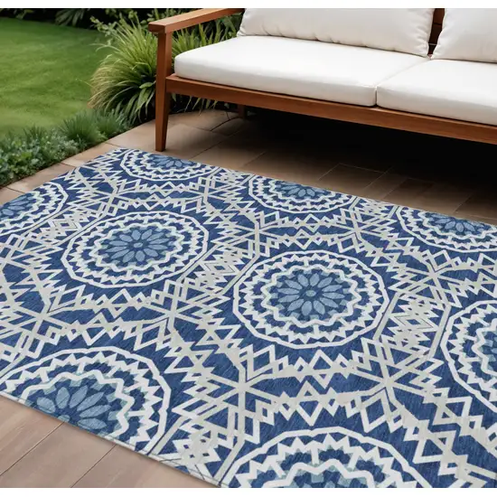 Navy Blue Ivory And Gray Floral Medallion Washable Indoor Outdoor Area Rug Photo 1