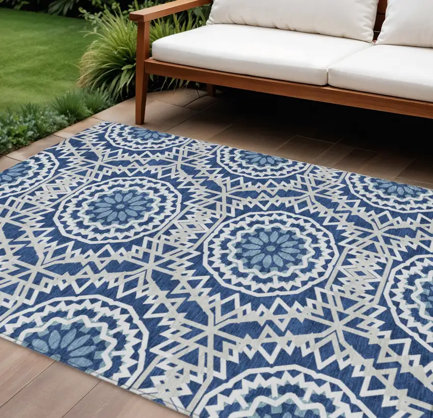 Navy Blue Ivory And Gray Floral Medallion Washable Indoor Outdoor Area Rug Photo 1