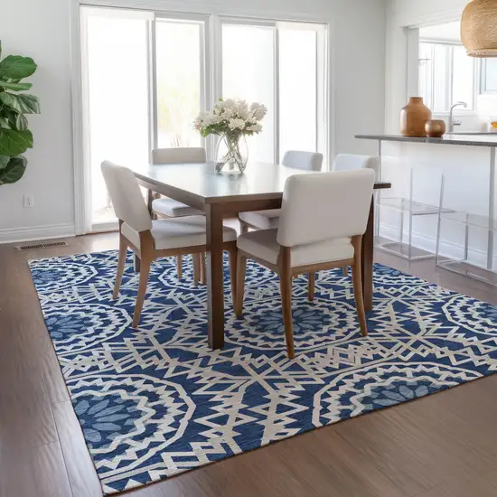 Navy Blue Ivory And Gray Floral Medallion Washable Indoor Outdoor Area Rug Photo 8