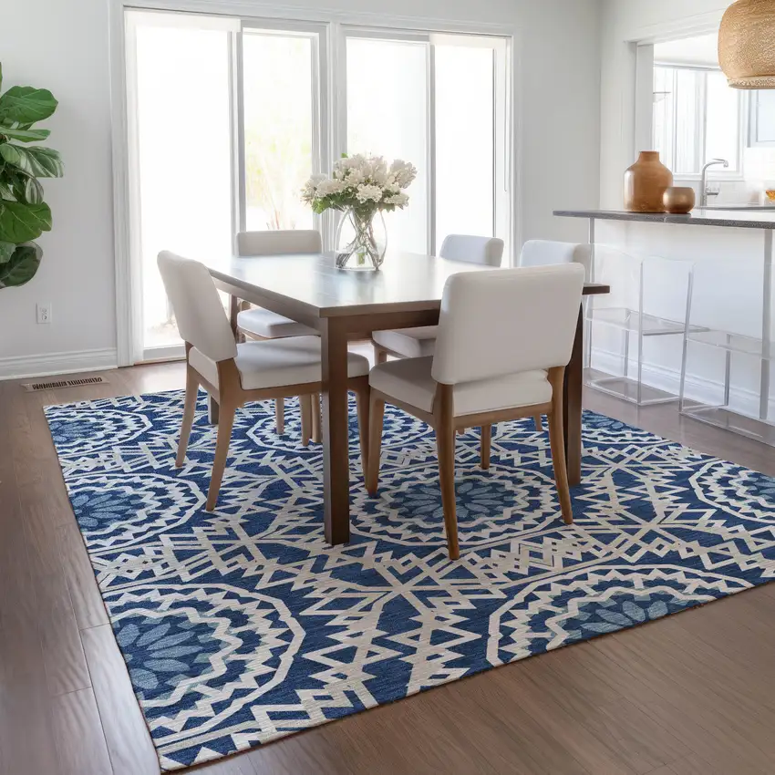Navy Blue Ivory And Gray Floral Medallion Washable Indoor Outdoor Area Rug Photo 8