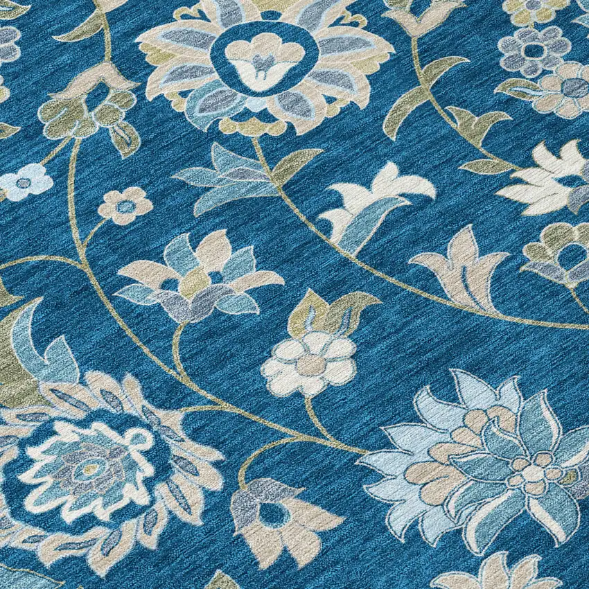 Navy Blue Ivory And Gray Floral Washable Indoor Outdoor Area Rug Photo 7