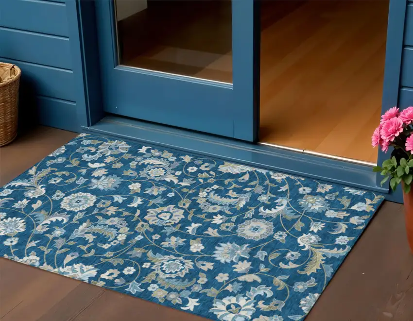 Navy Blue Ivory And Gray Floral Washable Indoor Outdoor Area Rug Photo 1