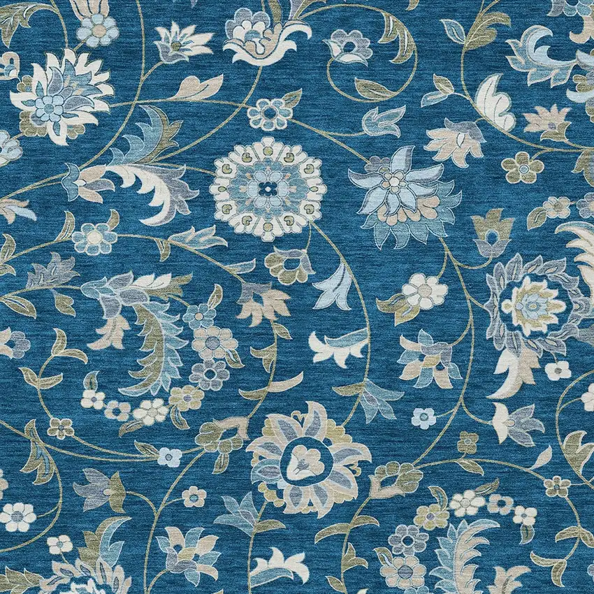 Navy Blue Ivory And Gray Floral Washable Indoor Outdoor Area Rug Photo 5