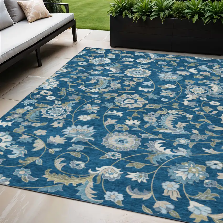 Navy Blue Ivory And Gray Floral Washable Indoor Outdoor Area Rug Photo 1