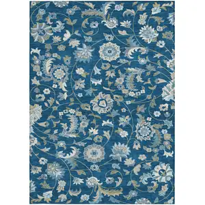 Photo of Navy Blue Ivory And Gray Floral Washable Indoor Outdoor Area Rug