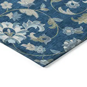 Photo of Navy Blue Ivory And Gray Floral Washable Indoor Outdoor Area Rug