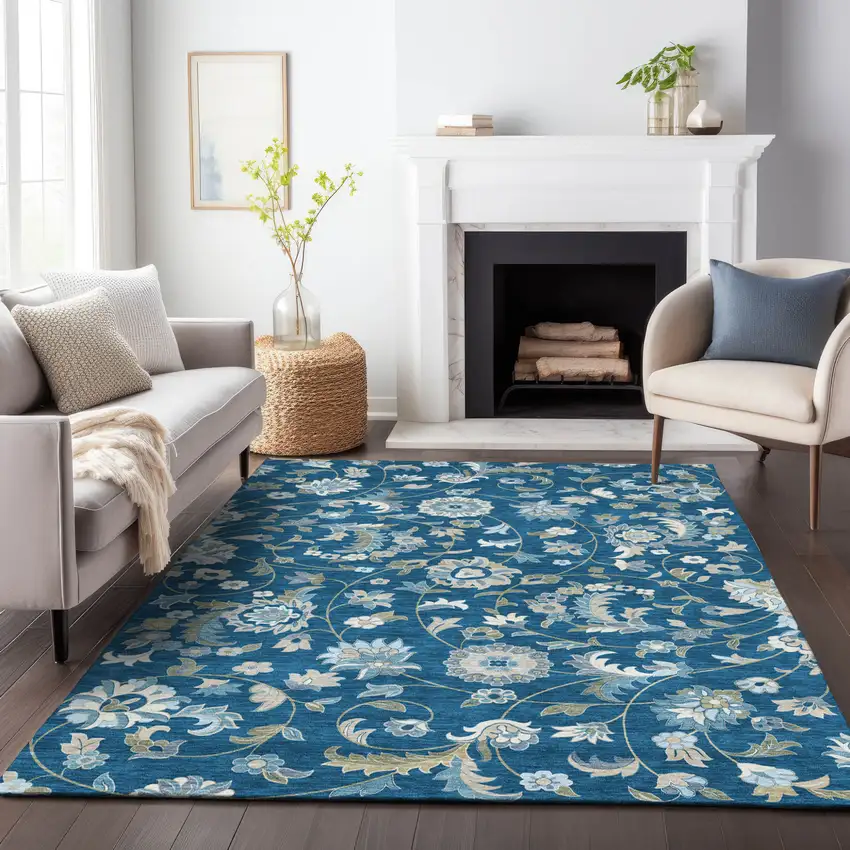 Navy Blue Ivory And Gray Floral Washable Indoor Outdoor Area Rug Photo 8