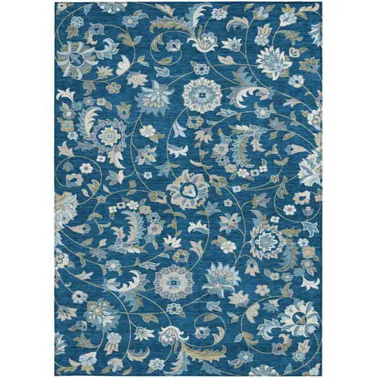 Navy Blue Ivory And Gray Floral Washable Indoor Outdoor Area Rug Photo 4