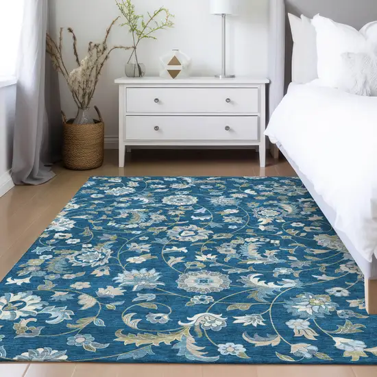 Navy Blue Ivory And Gray Floral Washable Indoor Outdoor Area Rug Photo 9