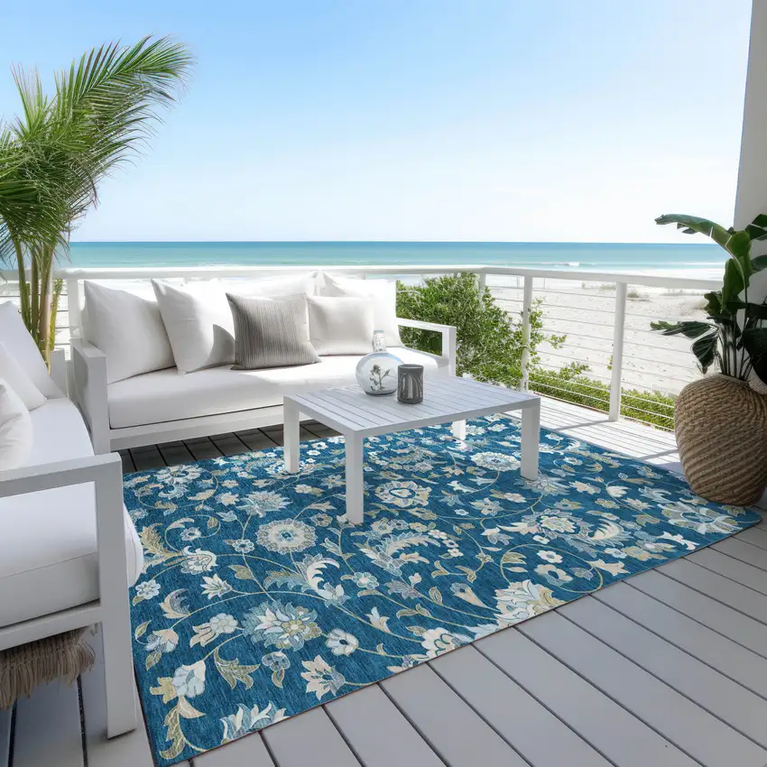 Navy Blue Ivory And Gray Floral Washable Indoor Outdoor Area Rug Photo 9