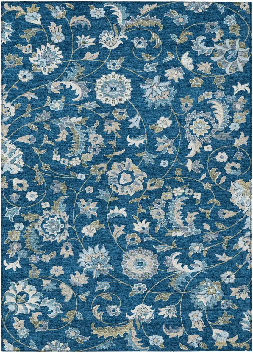 Navy Blue Ivory And Gray Floral Washable Indoor Outdoor Area Rug Photo 2