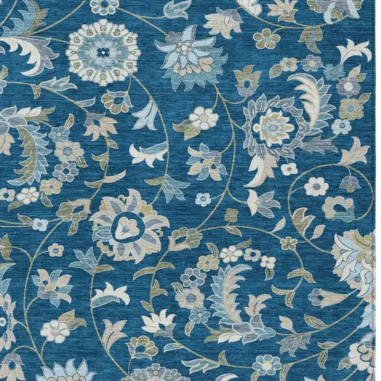 Navy Blue Ivory And Gray Floral Washable Indoor Outdoor Area Rug Photo 6