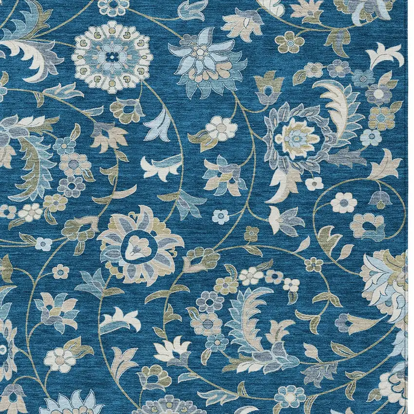 Navy Blue Ivory And Gray Floral Washable Indoor Outdoor Area Rug Photo 6