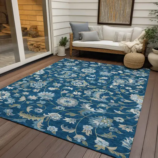 Navy Blue Ivory And Gray Floral Washable Indoor Outdoor Area Rug Photo 7